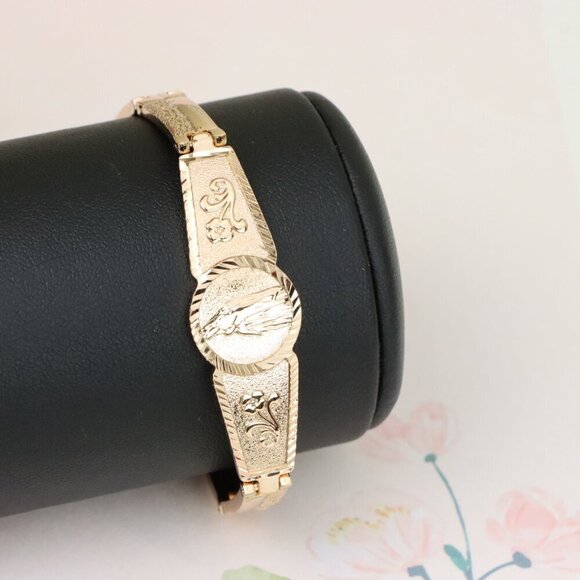 "Engraved Rose Gold Bracelet with Floral and Oval Medallion Design, XPBL1114 - Picture 9 of 12